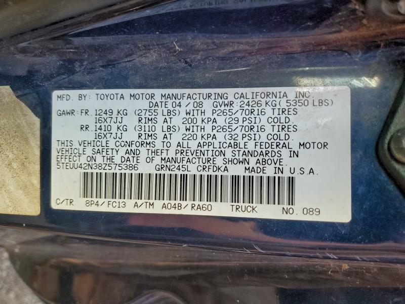 5TEUU42N38Z575386 - 2008 TOYOTA TACOMA ACCESS CAB ლურჯი ფოტო 12