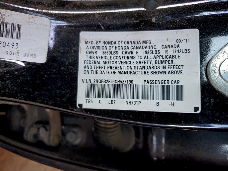 2HGFB2F56CH527190 - 2012 HONDA CIVIC LX BLACK photo 12