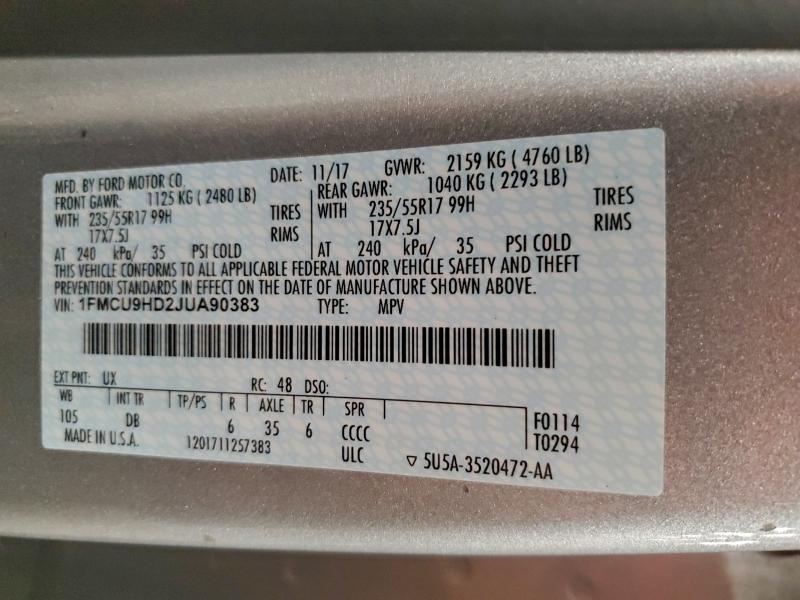 1FMCU9HD2JUA90383 - 2018 FORD ESCAPE SEL Күміс фото 13