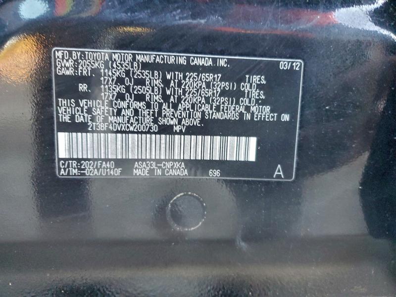 2T3BF4DVXCW200730 - 2012 TOYOTA RAV4 BLACK photo 13