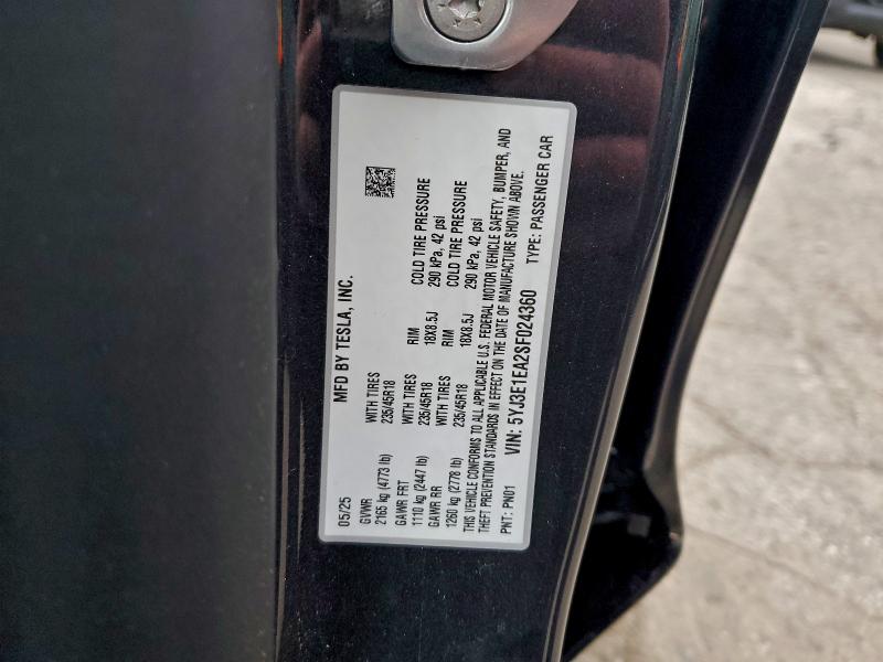 5YJ3E1EA2SF024360 - 2025 TESLA MODEL 3 BLACK photo 12