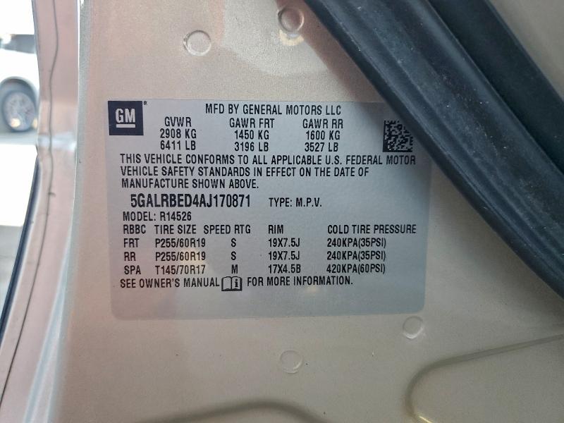 5GALRBED4AJ170871 - 2010 BUICK ENCLAVE CXL GOLD photo 13