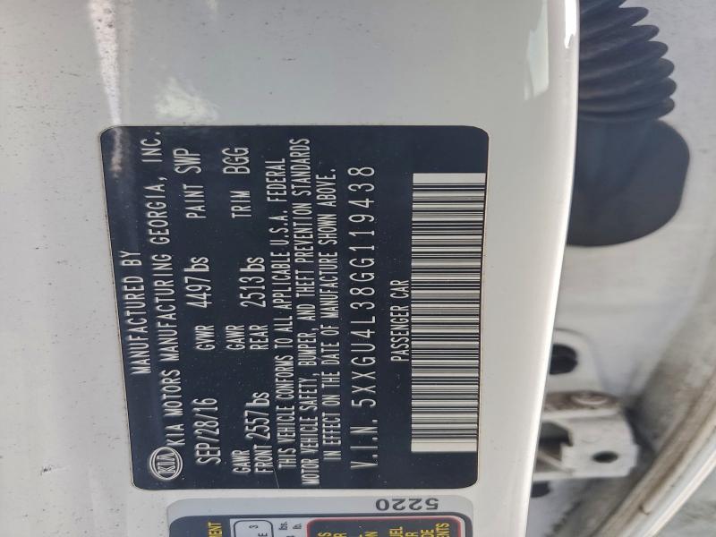 5XXGU4L38GG119438 - 2016 KIA OPTIMA EX WHITE photo 12