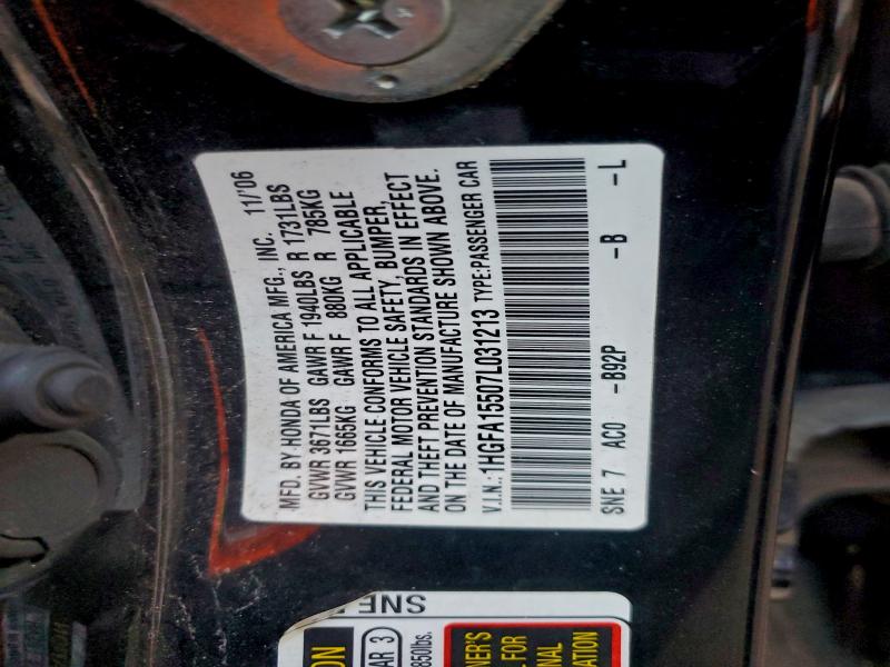 1HGFA15507L031213 - 2007 HONDA CIVIC LX შავი ფოტო 12