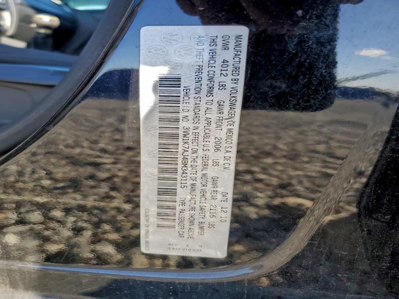 3VW1K7AJ4BM343115 - 2011 VOLKSWAGEN JETTA BASE 黑色 照片 12