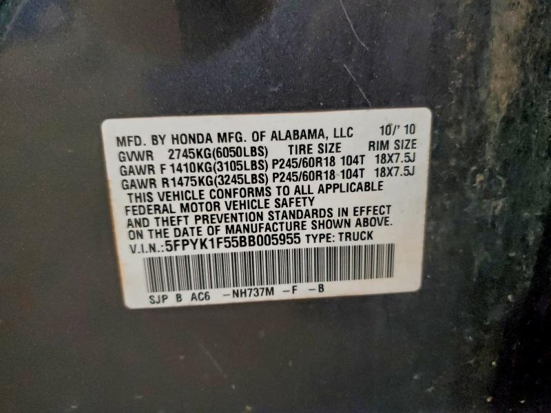 5FPYK1F55BB005955 - 2011 HONDA RIDGELINE RTL GRAY photo 12