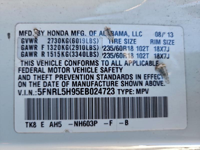 5FNRL5H95EB024723 - 2014 HONDA ODYSSEY TOURING WHITE photo 13