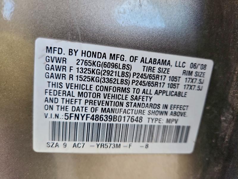 5FNYF48639B017648 - 2009 HONDA PILOT EXL GOLD photo 14