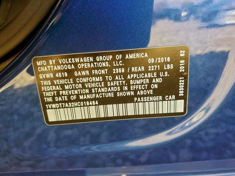 1VWDT7A32HC018484 - 2017 VOLKSWAGEN PASSAT R-LINE Blau Foto 12