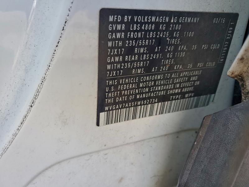 WVGAV7AX5FW592734 - 2015 VOLKSWAGEN TIGUAN S WHITE photo 12