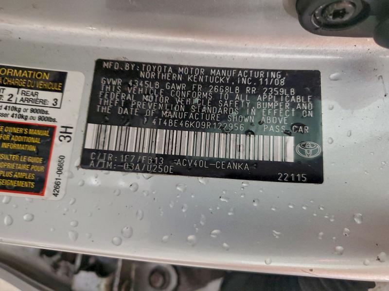 4T4BE46K09R122956 - 2009 TOYOTA CAMRY BASE SILVER photo 12