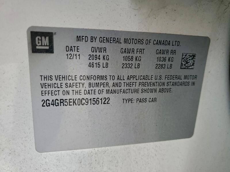 2G4GR5EK0C9156122 - 2012 BUICK REGAL WHITE photo 12