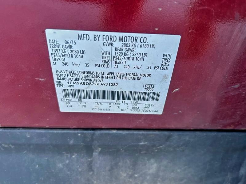 1FM5K8D87GGA31287 - 2016 FORD EXPLORER XLT RED photo 11