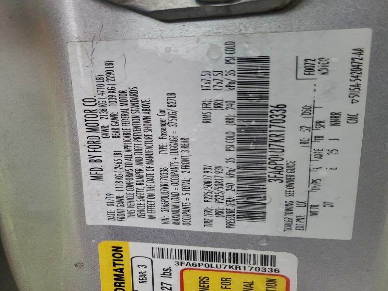3FA6P0LU7KR170336 - 2019 FORD FUSION SE SILVER photo 12