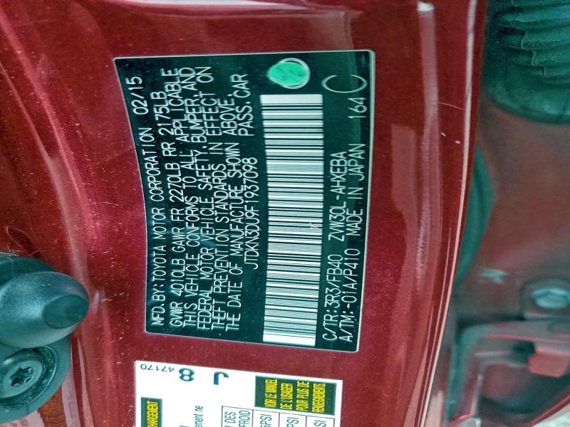 JTDKN3DU9F1937098 - 2015 TOYOTA PRIUS RED photo 12