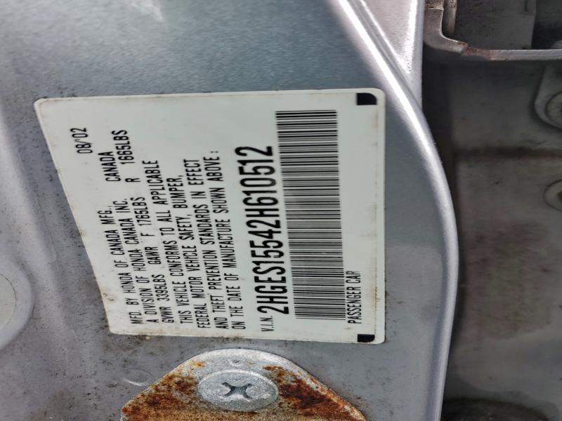 2HGES15542H610512 - 2002 HONDA CIVIC LX SILVER photo 12