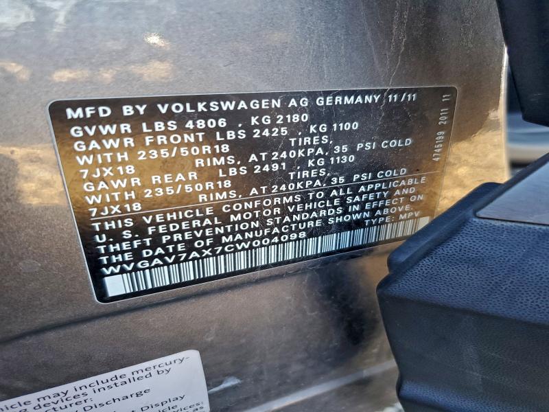 WVGAV7AX7CW004098 - 2012 VOLKSWAGEN TIGUAN S 灰色 照片 13