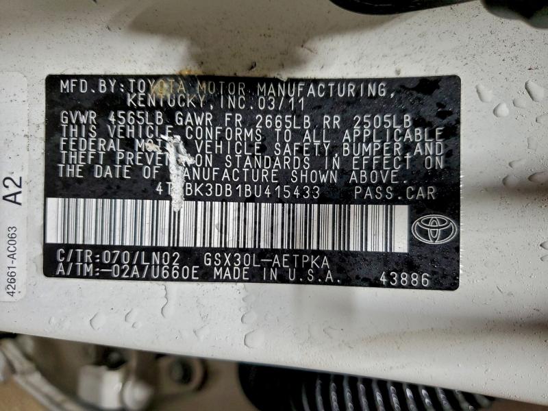 4T1BK3DB1BU415433 - 2011 TOYOTA AVALON BASE 白色 照片 12