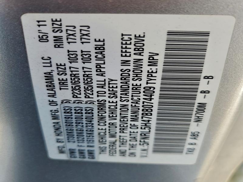 5FNRL5H47BB074409 - 2011 HONDA ODYSSEY EX Argent photo 13