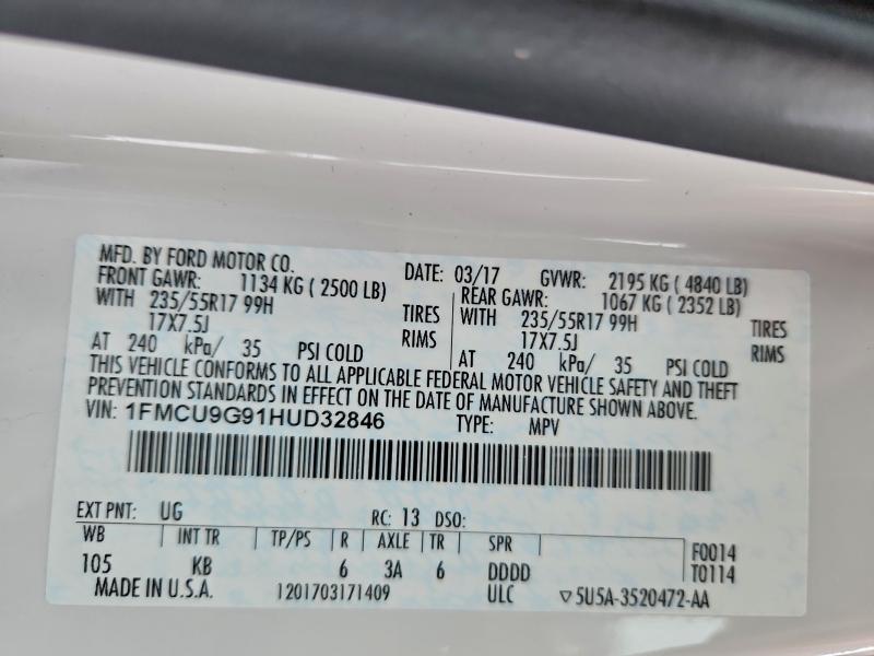 1FMCU9G91HUD32846 - 2017 FORD ESCAPE SE WHITE photo 13