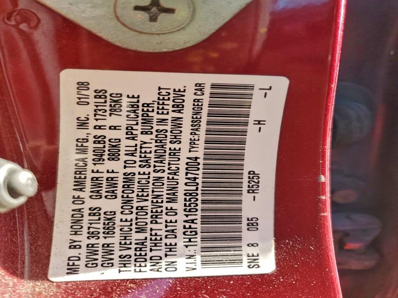 1HGFA16558L047004 - 2008 HONDA CIVIC LX ბურგუნდია ფოტო 12