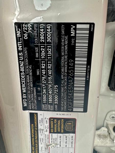 4JGFF5KE5NA765149 - 2022 MERCEDES-BENZ GLS 450 4MATIC WHITE photo 10