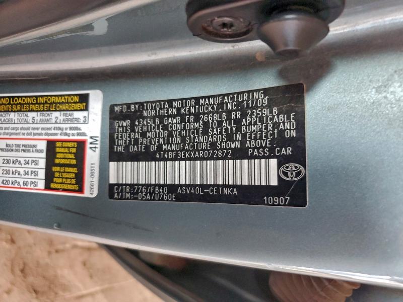 4T4BF3EKXAR072872 - 2010 TOYOTA CAMRY BASE GREEN photo 12