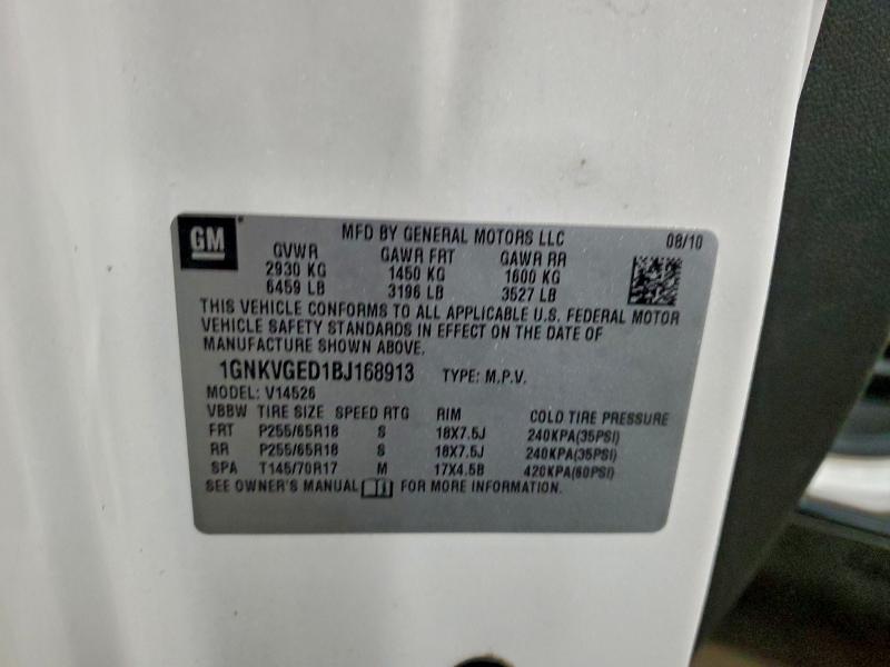 1GNKVGED1BJ168913 - 2011 CHEVROLET TRAVERSE LT WHITE photo 13