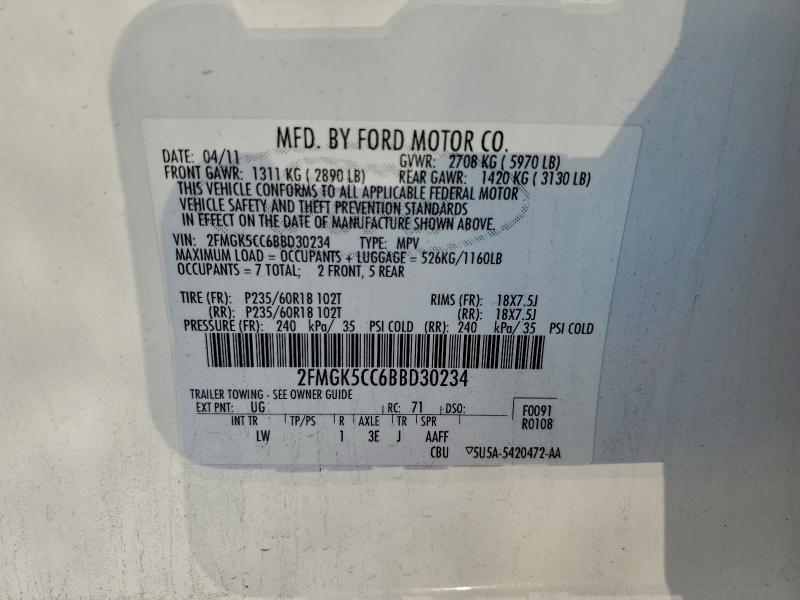 2FMGK5CC6BBD30234 - 2011 FORD FLEX SEL 白色 照片 13