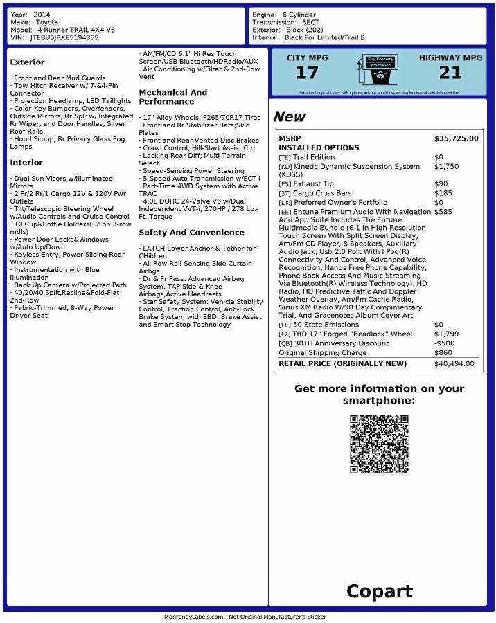 JTEBU5JRXE5194355 - 2014 TOYOTA 4RUNNER SR5 BLACK photo 10