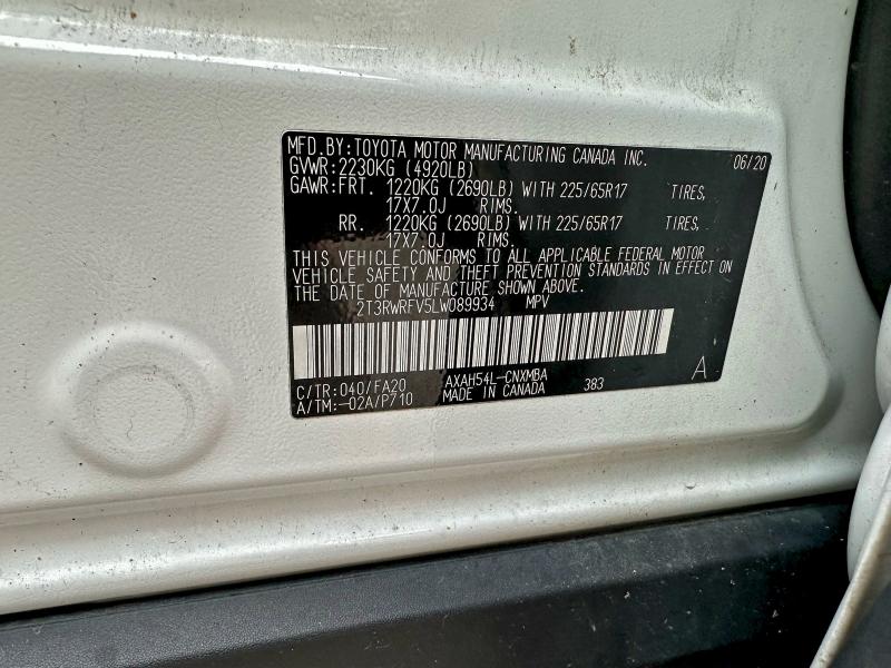 2T3RWRFV5LW089934 - 2020 TOYOTA RAV4 XLE Ақ фото 10