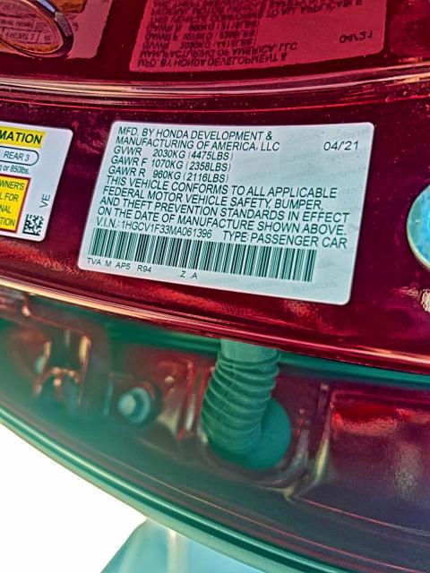 1HGCV1F33MA061396 - 2021 HONDA ACCORD SPORT RED photo 10