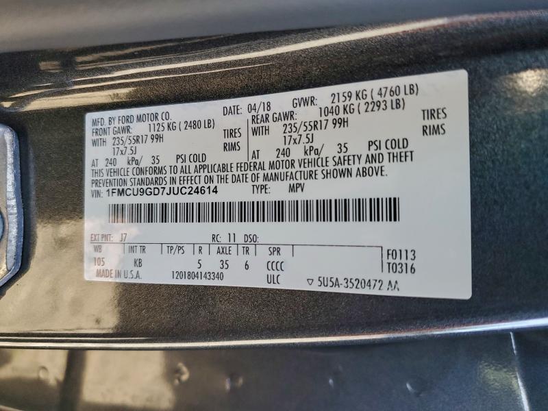 1FMCU9GD7JUC24614 - 2018 FORD ESCAPE SE Gris photo 13