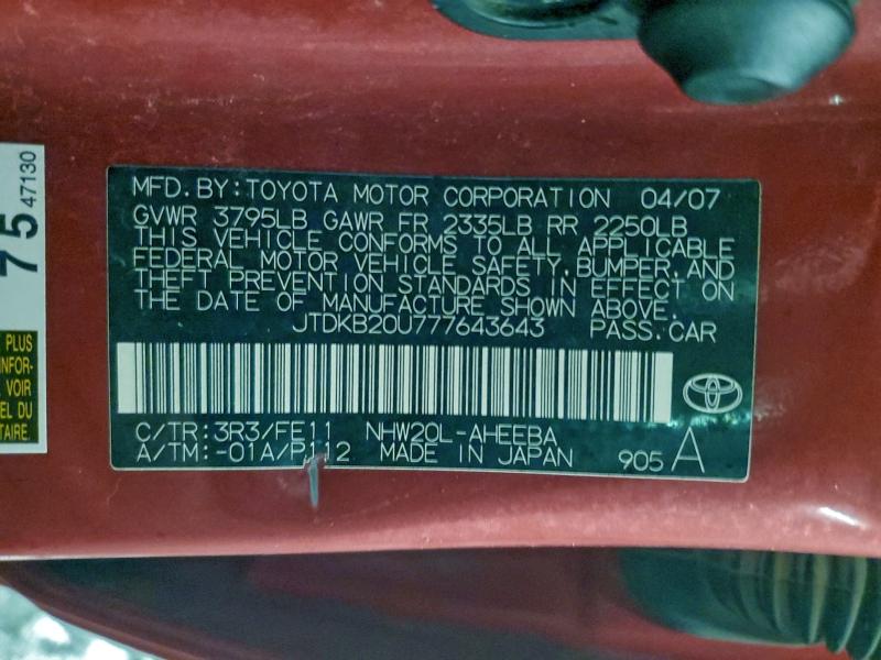 JTDKB20U777643643 - 2007 TOYOTA PRIUS RED photo 12
