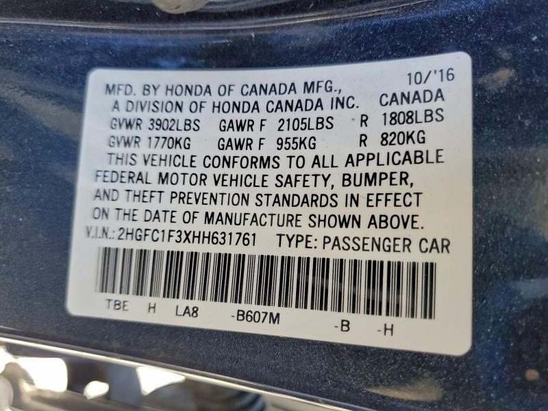 2HGFC1F3XHH631761 - 2017 HONDA CIVIC EX GRAY photo 12