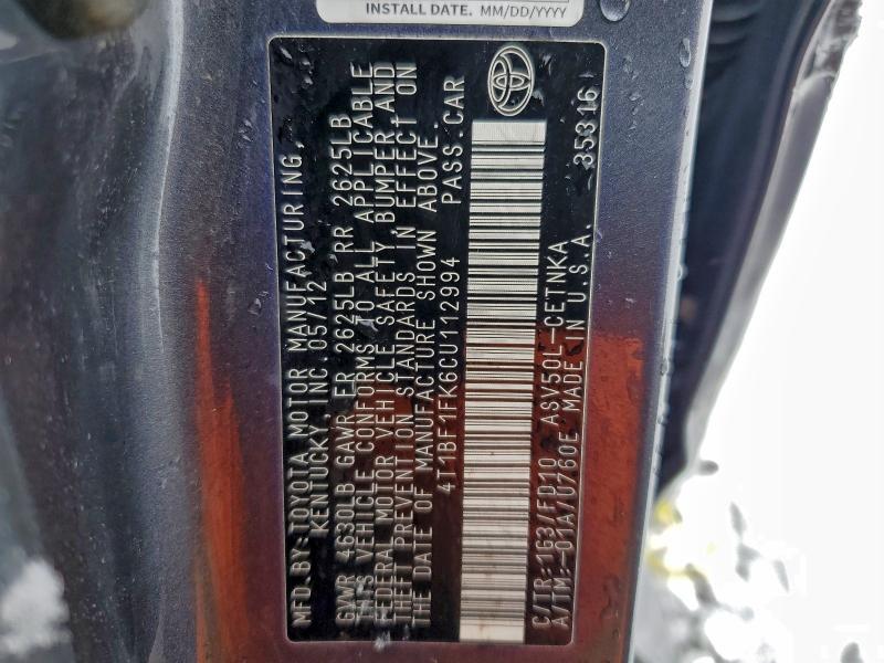 4T1BF1FK6CU112994 - 2012 TOYOTA CAMRY BASE Grafit foto 13