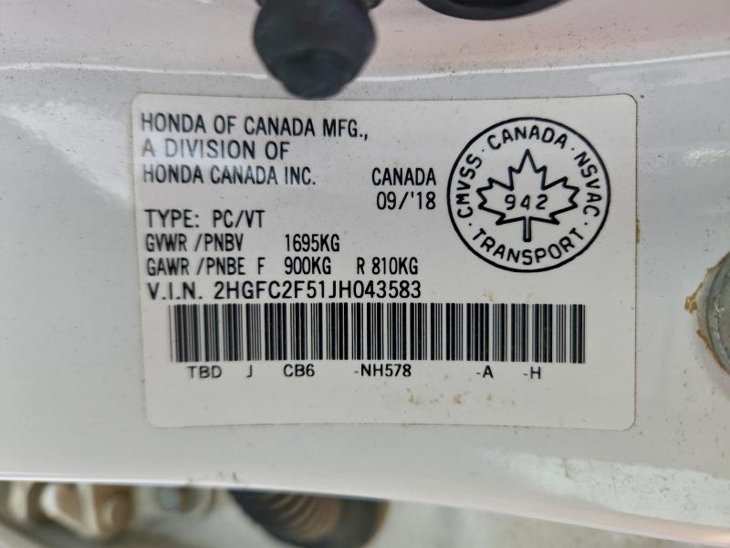 2HGFC2F51JH043583 - 2018 HONDA CIVIC LX 白色 照片 12