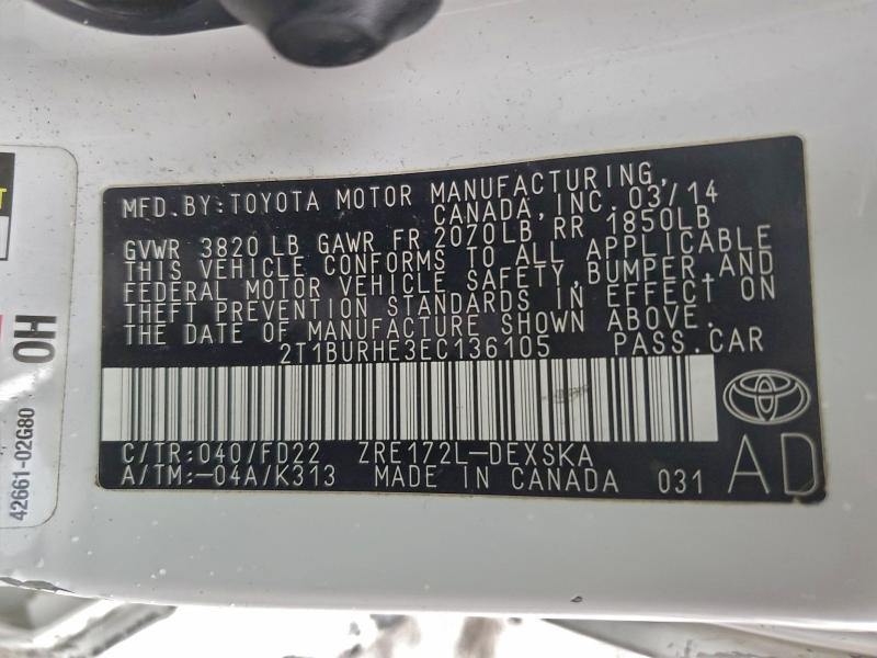 2T1BURHE3EC136105 - 2014 TOYOTA COROLLA L თეთრი ფოტო 12