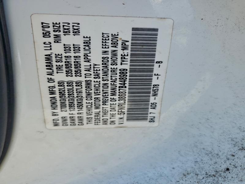 5FNRL38687B448989 - 2007 HONDA ODYSSEY EXL Beyaz fotoğraf 13