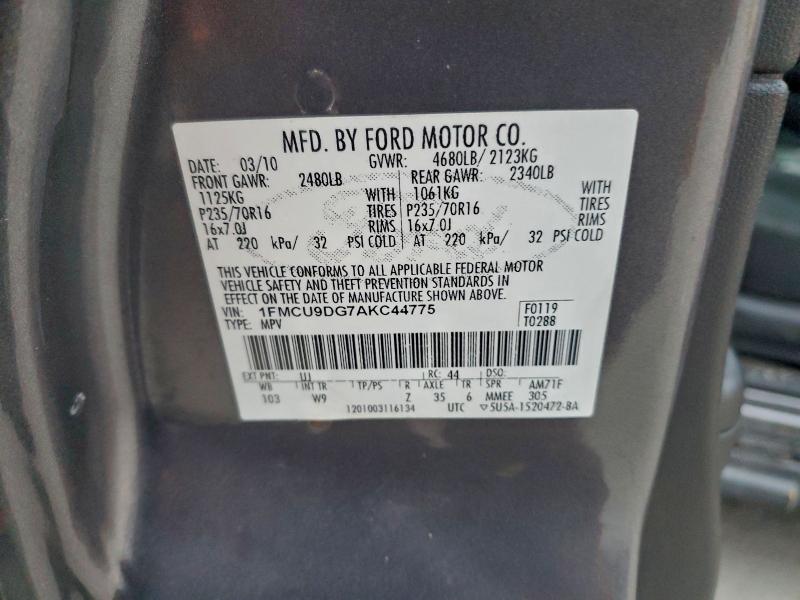 1FMCU9DG7AKC44775 - 2010 FORD ESCAPE XLT ნაცრისფერი ფოტო 12
