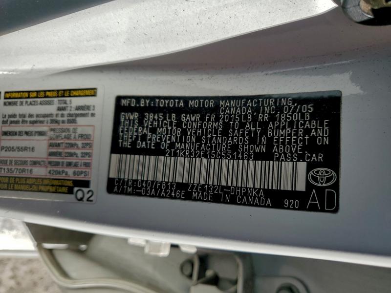 2T1KR32E15C551463 - 2005 TOYOTA COROLLA MA XR WHITE photo 12