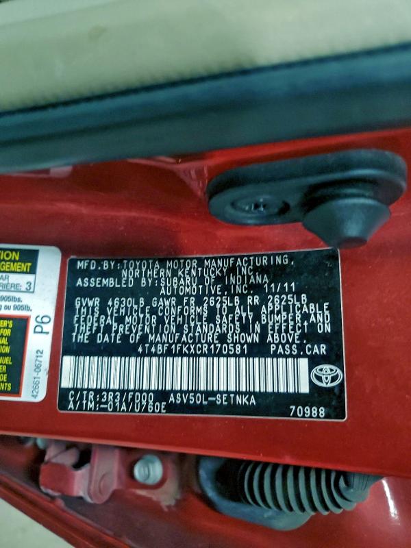 4T4BF1FKXCR170581 - 2012 TOYOTA CAMRY BASE Червоний фото 12