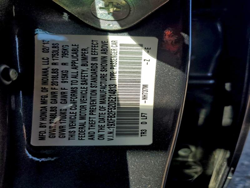 19XFB2F52DE214813 - 2013 HONDA CIVIC LX GRAY photo 12