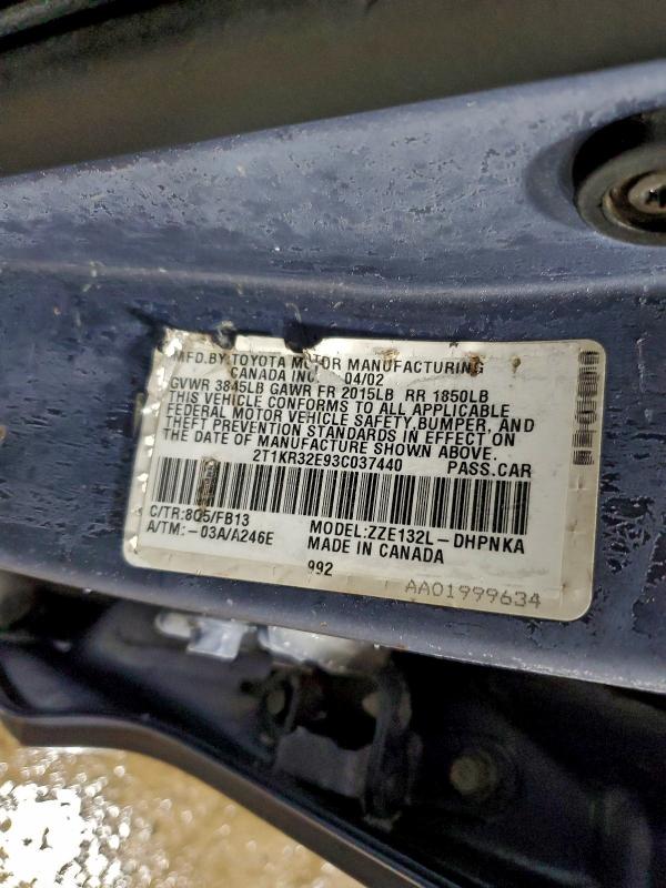 2T1KR32E93C037440 - 2003 TOYOTA COROLLA MA XR BLUE photo 13