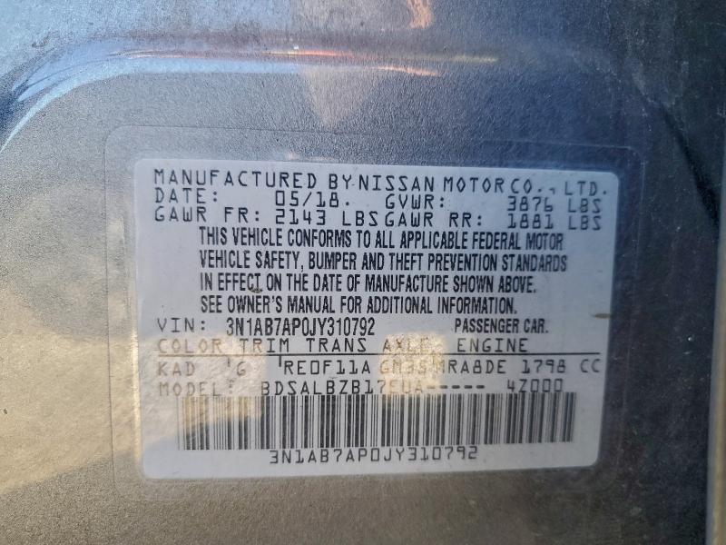 3N1AB7AP0JY310792 - 2018 NISSAN SENTRA S 灰色 照片 12